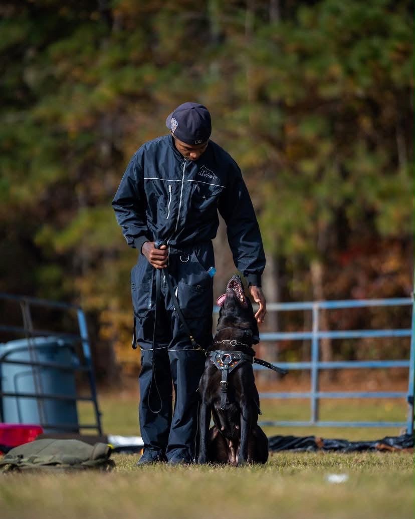 Damon Jones walking a German Shepherd on leash in the field